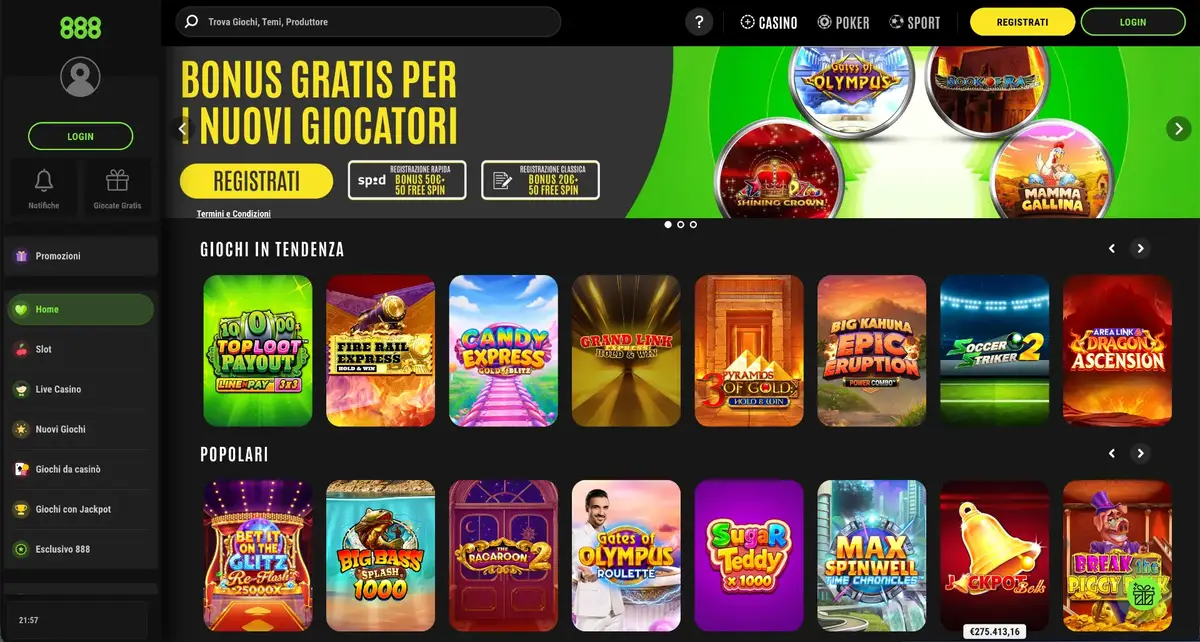 Lobby del casinò italiano 888casino; le promozioni visibili possono essere cambiate
