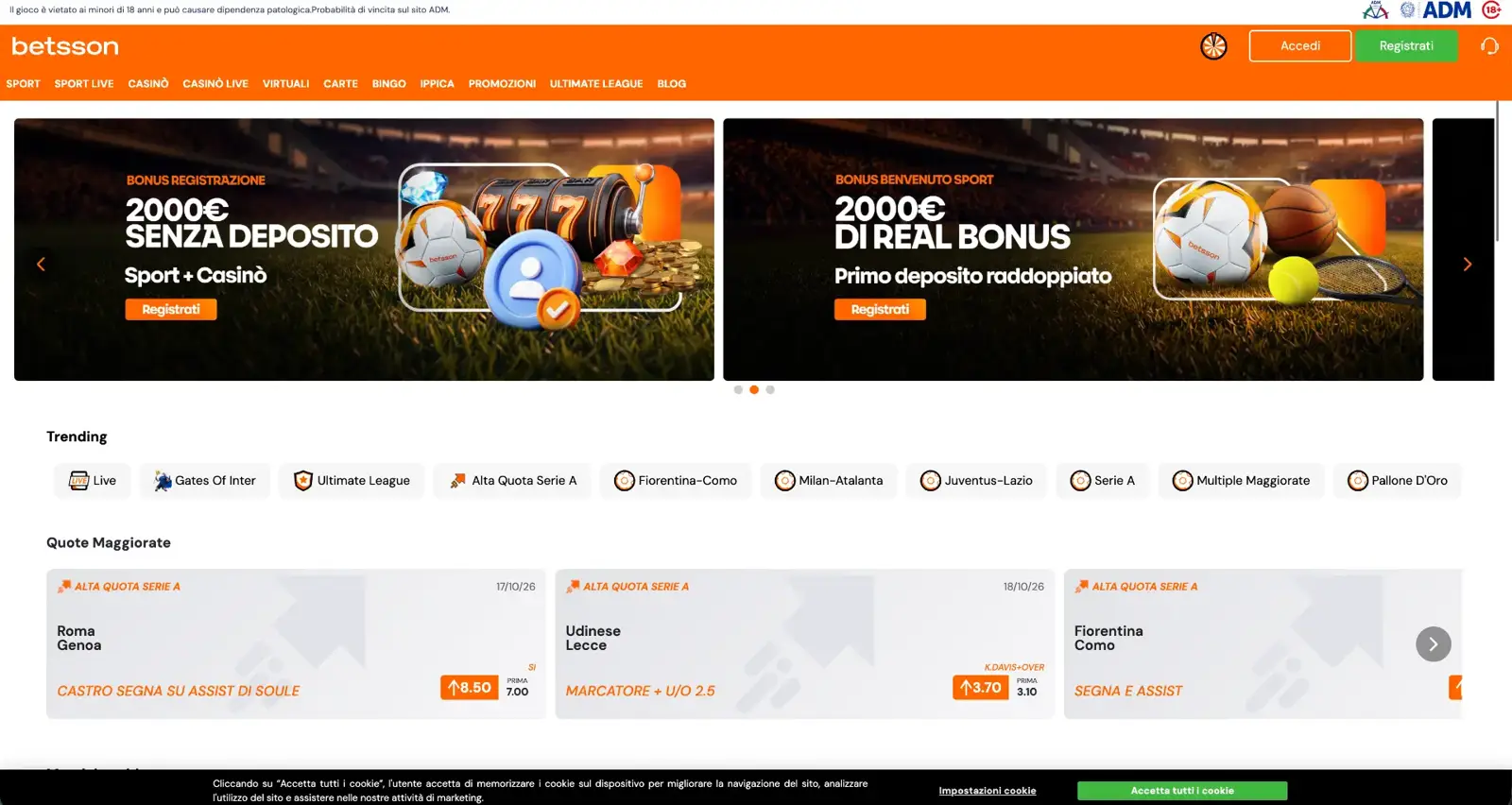 Lobby del casinò italiano Betsson; le promozioni visibili possono essere cambiate