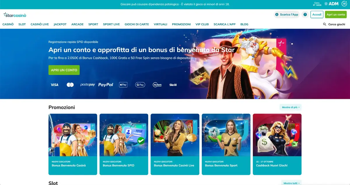 Lobby del casinò italiano StarCasinò; le promozioni visibili possono essere cambiate