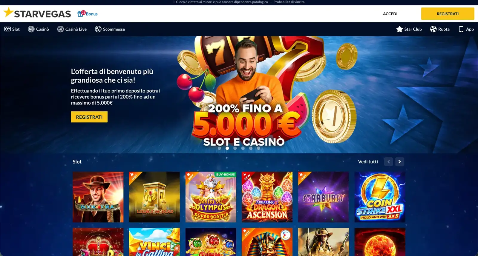 Lobby del casinò italiano StarVegas; le promozioni visibili possono essere cambiate